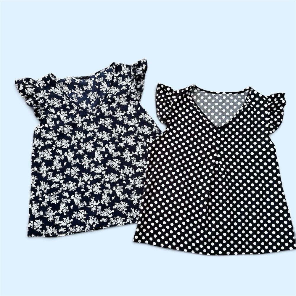 Bundle 2 Black & White Flutter Sleeve V-neck Blouses Polkadot Floral NEW Large